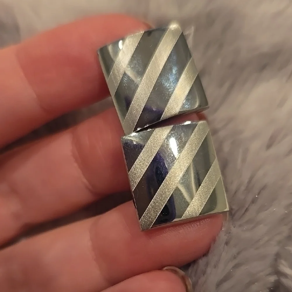 Stainless Steel Matte & Shiny Silver Cufflinks with Diagonal Stripes Brand New